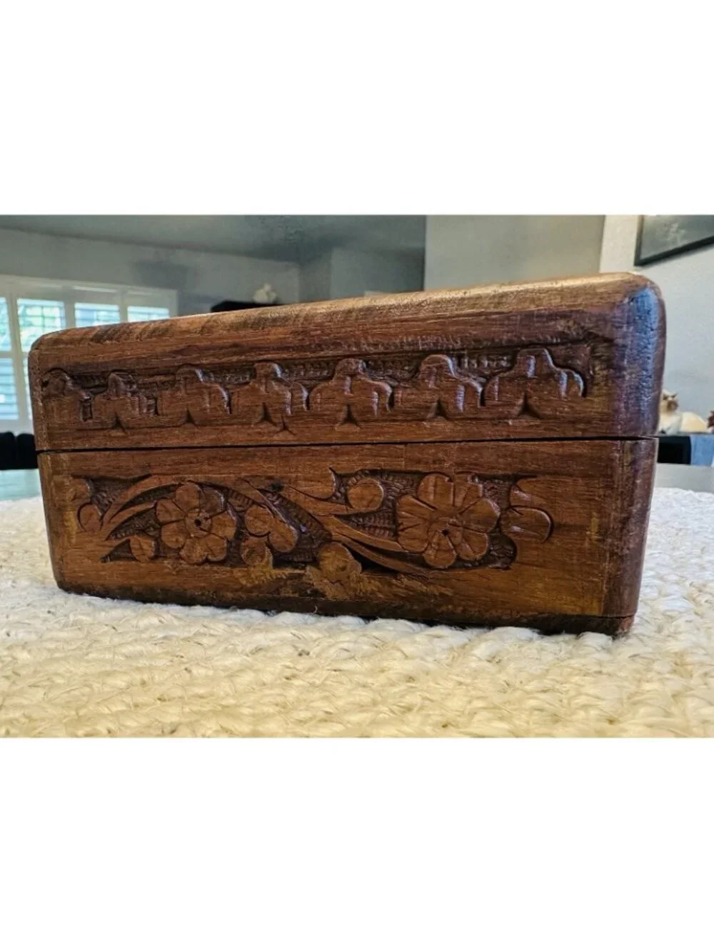 Vintage Carved Wooden Trinket Box Made in India Hinged Lined with Brass Inlay 8”